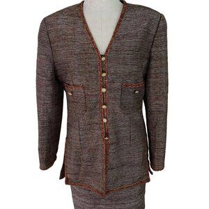 Rickie Freeman Vintage Womens Skirt Suit Size Medium Brown Woven Silk Korea